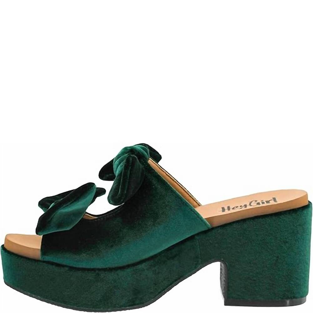 NEW CORKYS FOOTWEAR women's put a bow on it velvet heeled sandal in green - Picture 3 of 7